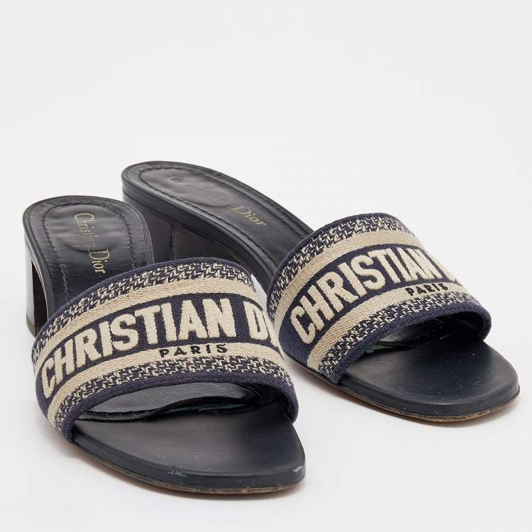 Pre Owned Dior Navy Blue Embroidered Canvas Dway Slide Sandals Size 39