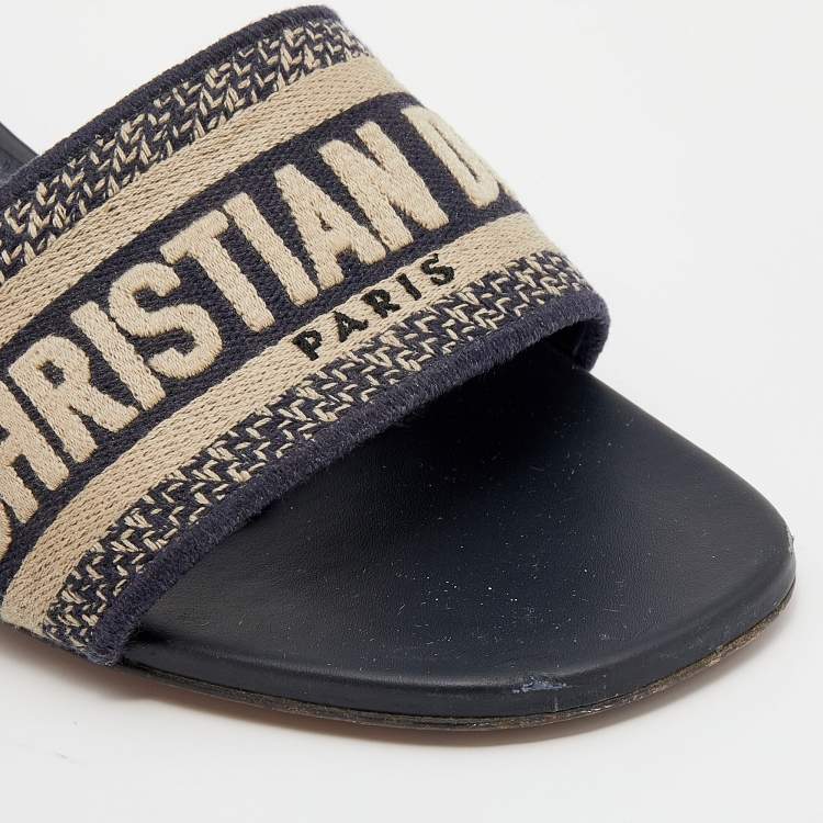 Pre Owned Dior Navy Blue Embroidered Canvas Dway Slide Sandals Size 39