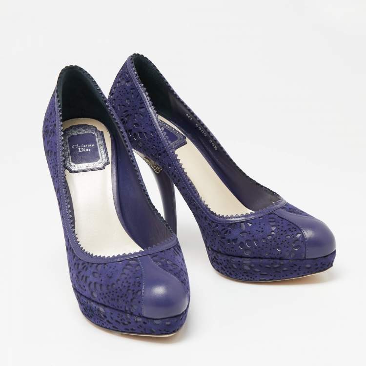 Pre Owned Dior Blue Laser-Cut Suede and Leather Dior Byz Platform Pumps Size 36.5