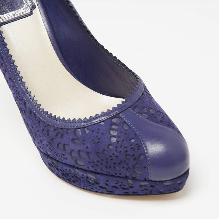 Pre Owned Dior Blue Laser-Cut Suede and Leather Dior Byz Platform Pumps Size 36.5