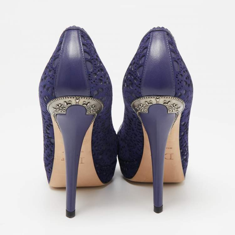 Pre Owned Dior Blue Laser-Cut Suede and Leather Dior Byz Platform Pumps Size 36.5