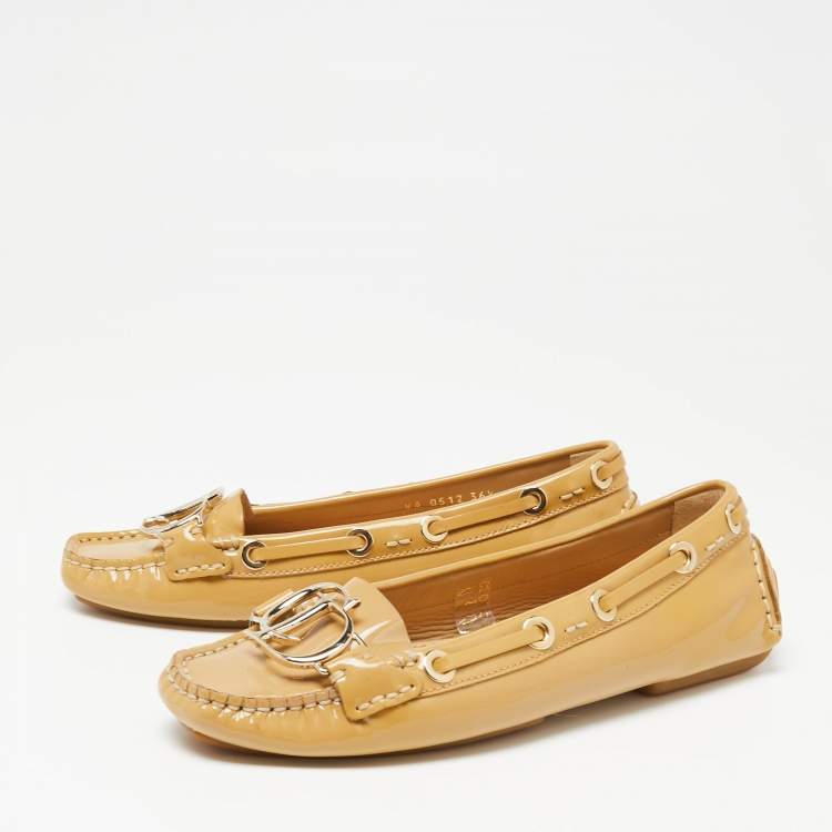 Pre Owned Dior Beige Patent Leather Logo Embellished Slip On Loafers Size 36.5