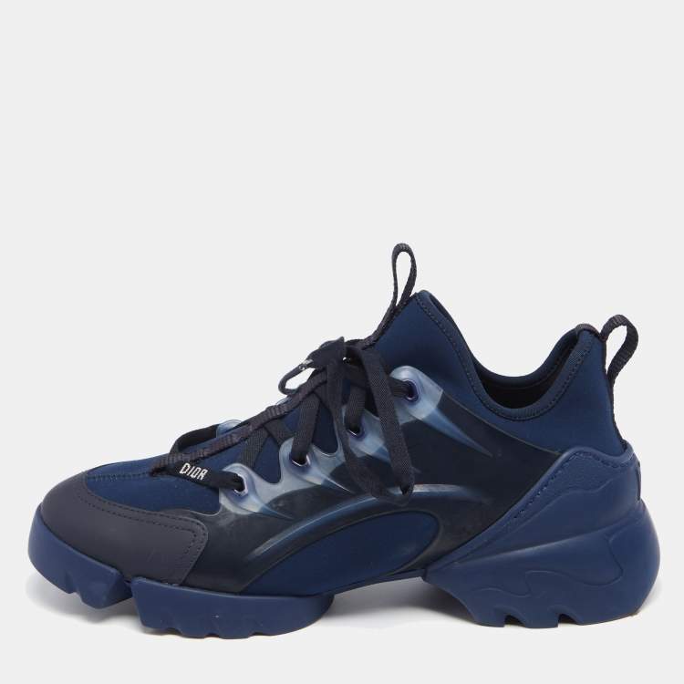 Pre Owned Dior Navy Blue Leather And Fabric D Connect Low Top  Sneakers Size 38.5
