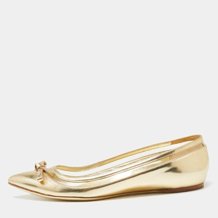 Pre Owned Dior Gold Leather Bow Ballet Flats Size 37