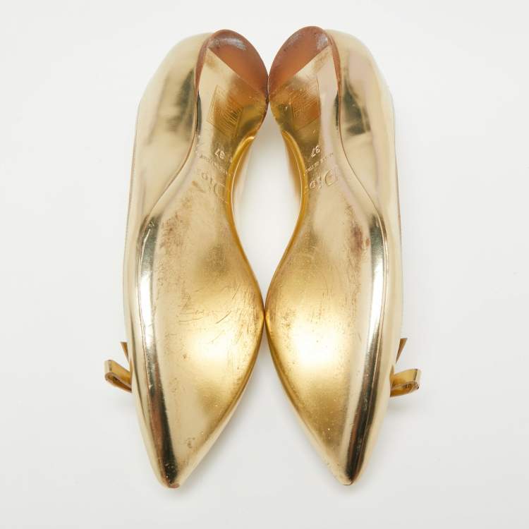 Pre Owned Dior Gold Leather Bow Ballet Flats Size 37