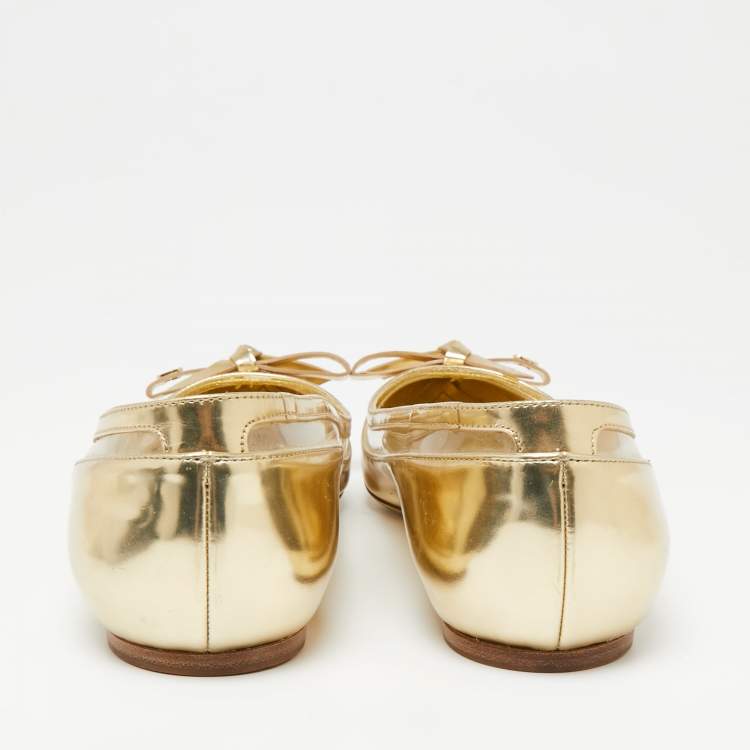 Pre Owned Dior Gold Leather Bow Ballet Flats Size 37