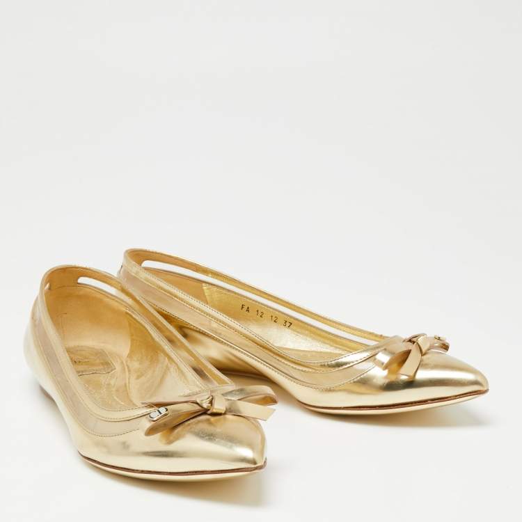 Pre Owned Dior Gold Leather Bow Ballet Flats Size 37