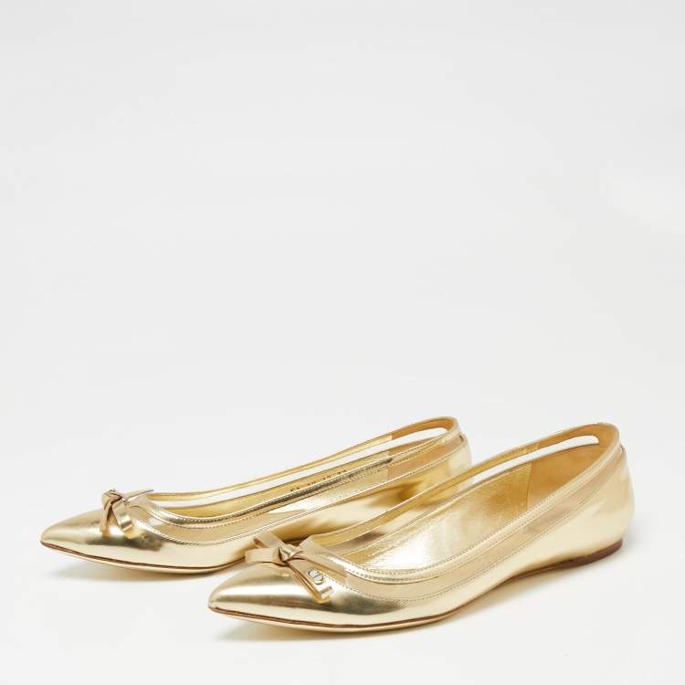 Pre Owned Dior Gold Leather Bow Ballet Flats Size 37