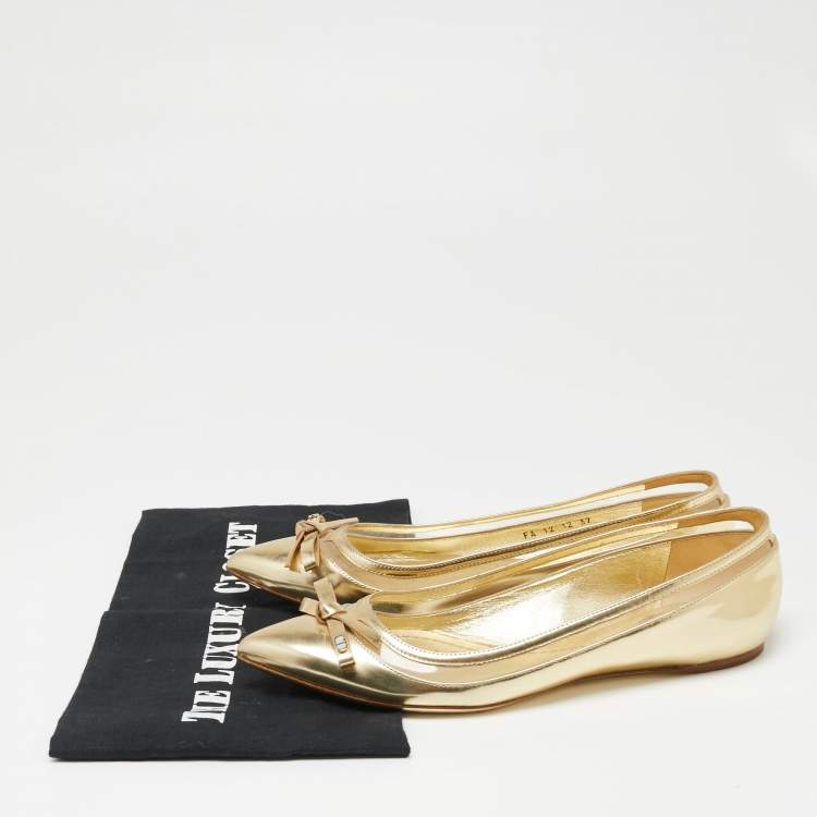 Pre Owned Dior Gold Leather Bow Ballet Flats Size 37