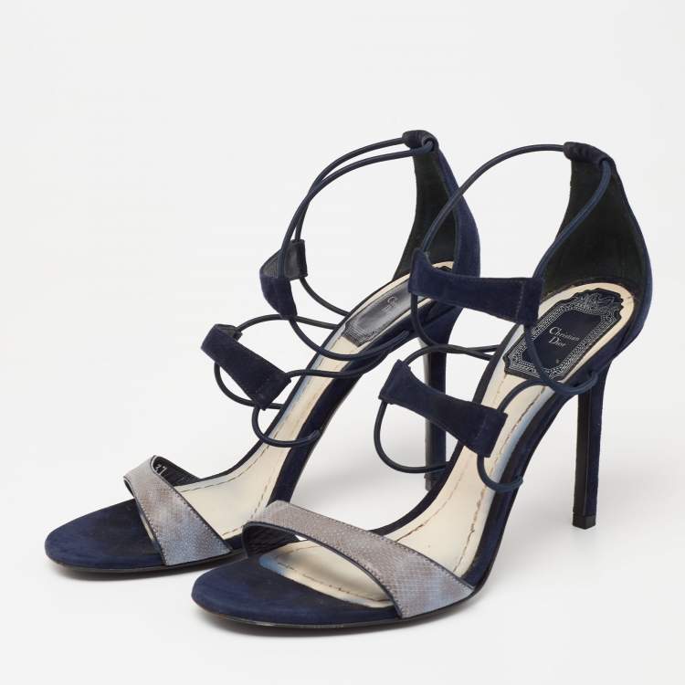 Pre Owned Dior Blue Suede And Python Embossed Leather Open Toe Strap Sandals Size 37