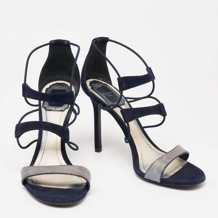 Pre Owned Dior Blue Suede And Python Embossed Leather Open Toe Strap Sandals Size 37