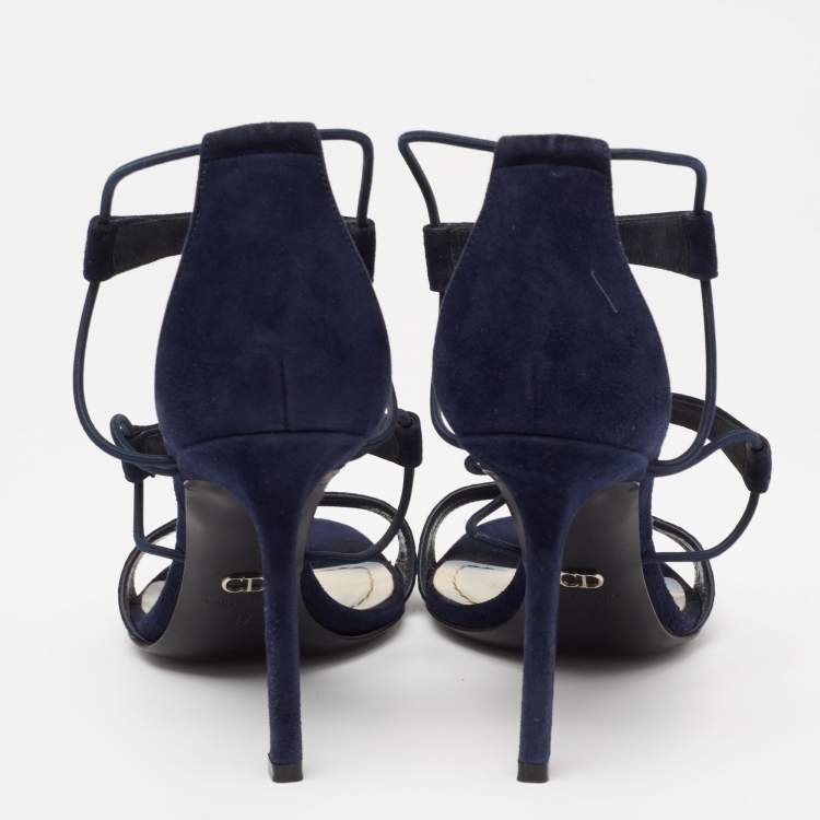 Pre Owned Dior Blue Suede And Python Embossed Leather Open Toe Strap Sandals Size 37