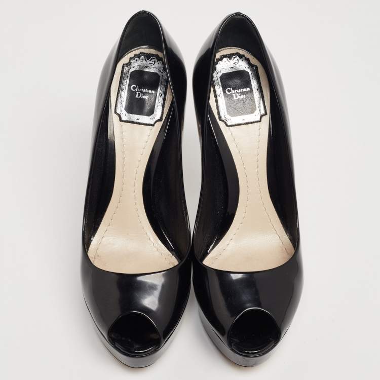 Pre Owned Dior Black Patent Leather Miss Dior Peep-Toe Ombre Lucite Heel Platform Pumps Size 38