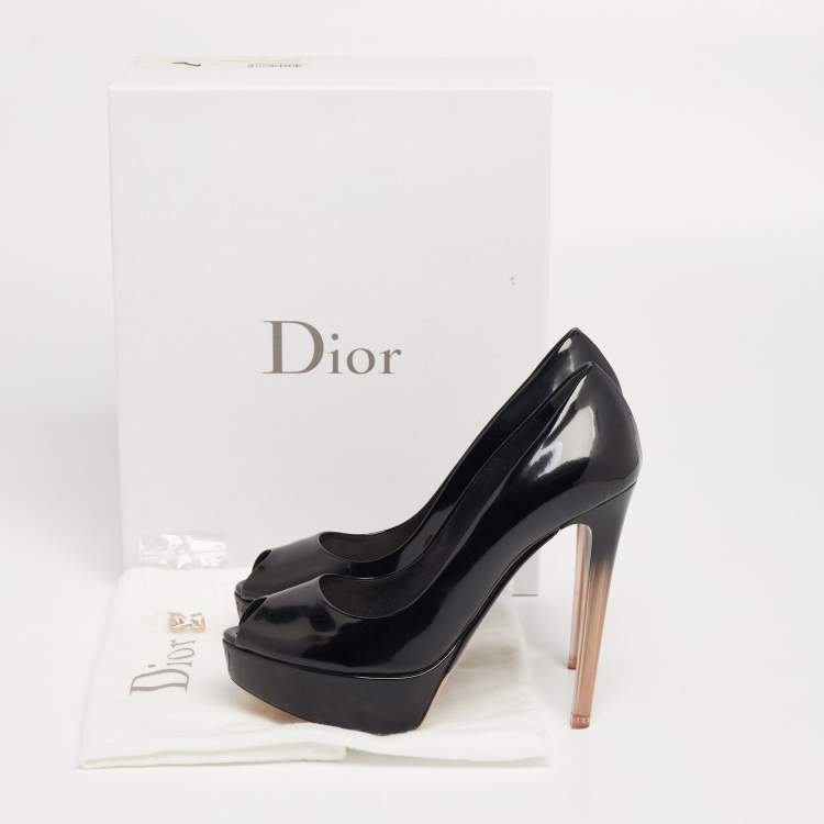 Pre Owned Dior Black Patent Leather Miss Dior Peep-Toe Ombre Lucite Heel Platform Pumps Size 38