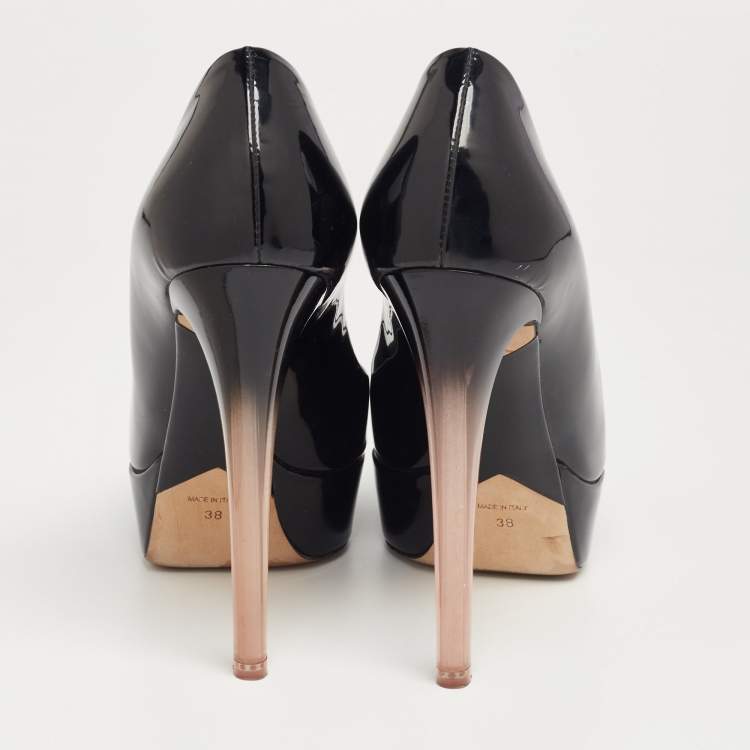 Pre Owned Dior Black Patent Leather Miss Dior Peep-Toe Ombre Lucite Heel Platform Pumps Size 38