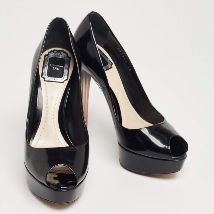Pre Owned Dior Black Patent Leather Miss Dior Peep-Toe Ombre Lucite Heel Platform Pumps Size 38
