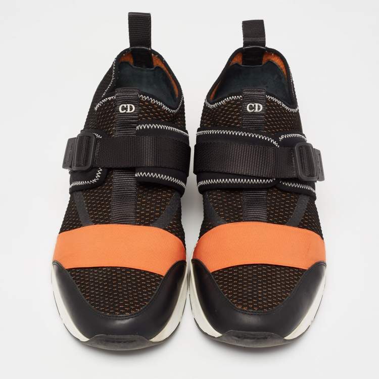 Pre Owned Dior Homme Orange/Black Mesh And Leather Buckle Slip On Sneakers Size 45