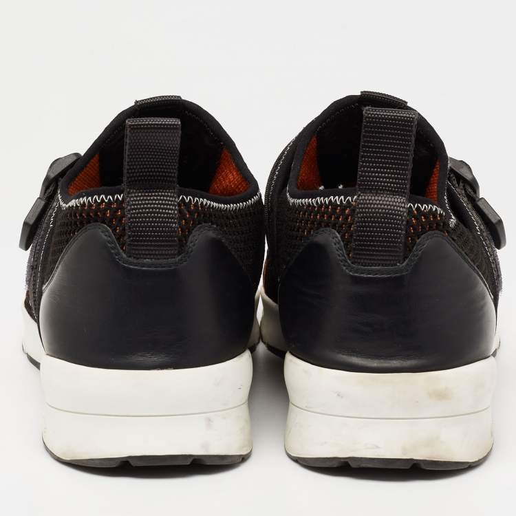 Pre Owned Dior Homme Orange/Black Mesh And Leather Buckle Slip On Sneakers Size 45