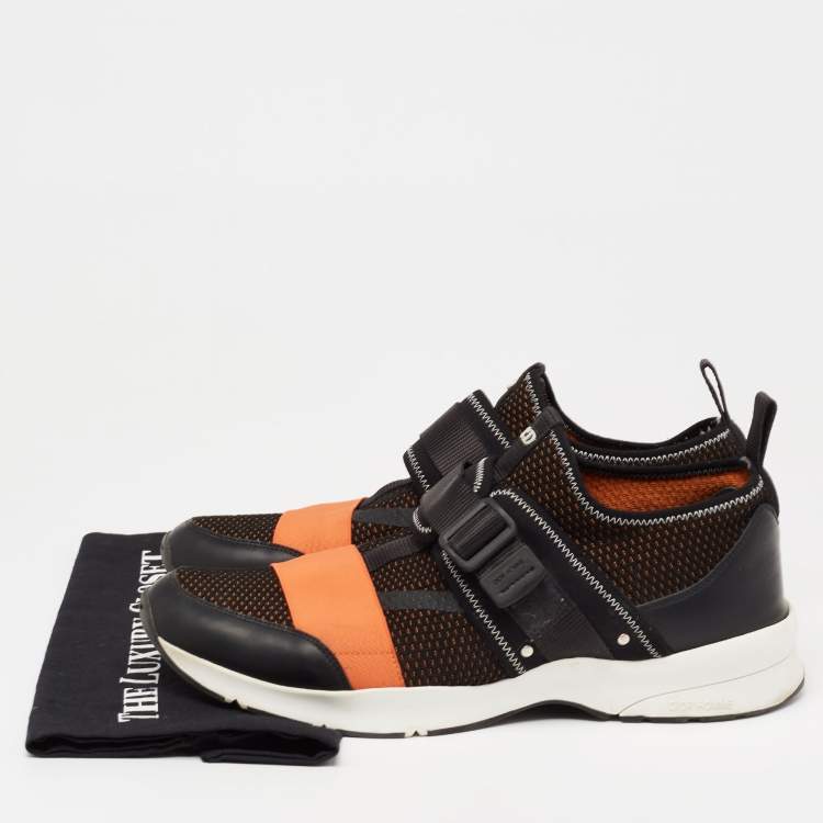 Pre Owned Dior Homme Orange/Black Mesh And Leather Buckle Slip On Sneakers Size 45
