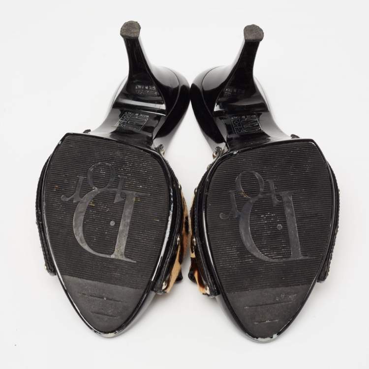 مملوكة مسبقًا Dior Black/Beige Calf Hair and Patent Leather Slide Sandals Size 39.5