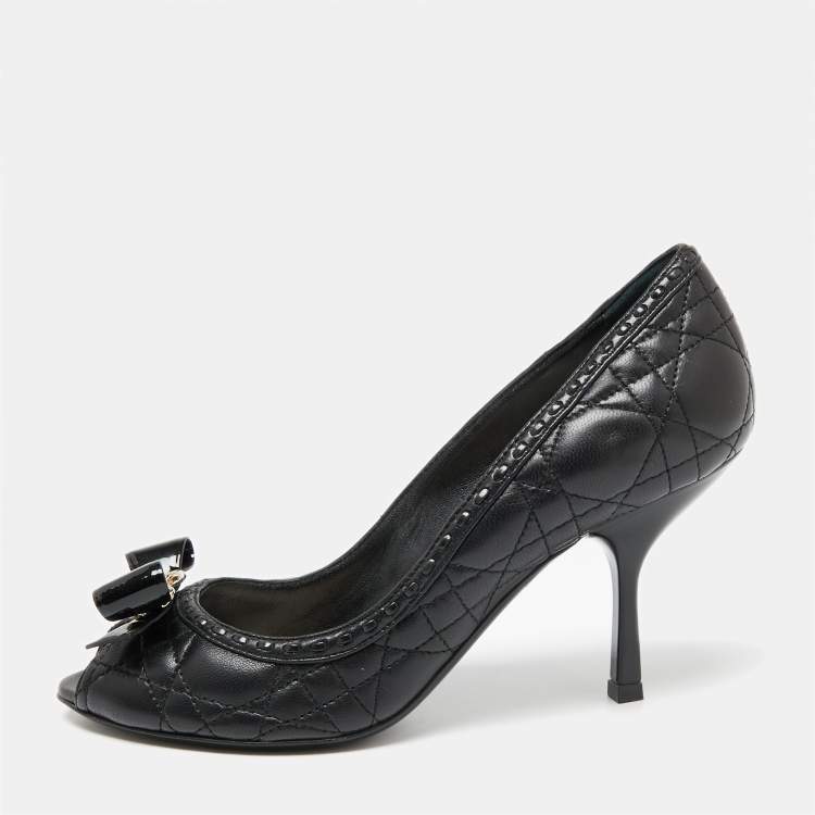 Pre Owned Dior Black Cannage Leather Bow Peep-Toe Pumps Size 37