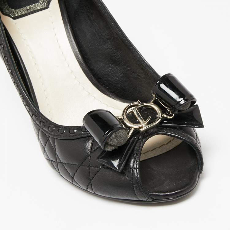 Pre Owned Dior Black Cannage Leather Bow Peep-Toe Pumps Size 37