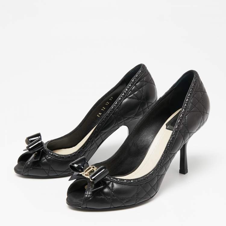 Pre Owned Dior Black Cannage Leather Bow Peep-Toe Pumps Size 37