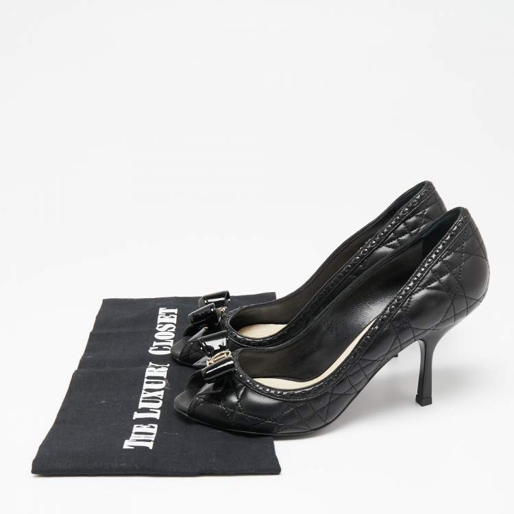 Pre Owned Dior Black Cannage Leather Bow Peep-Toe Pumps Size 37