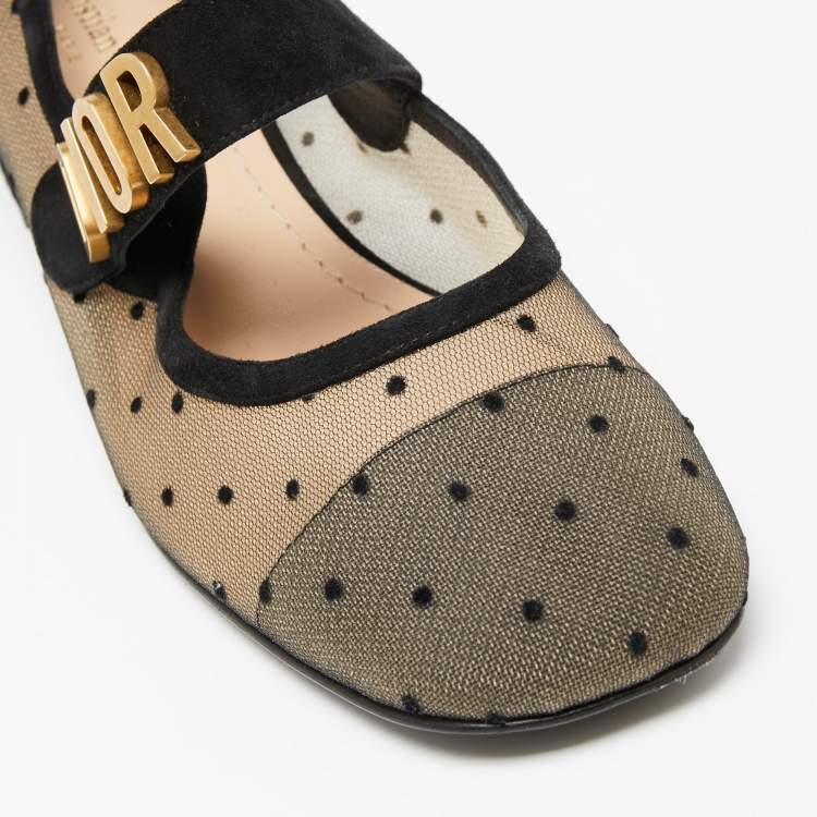Pre Owned Dior Black Mesh And Suede Trim Baby-D Mary Jane Flats Size 38