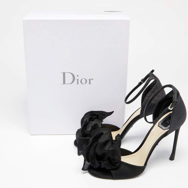 Pre Owned Dior Black Glitter And Satin Flower Detail Ankle Strap Sandals Size 40