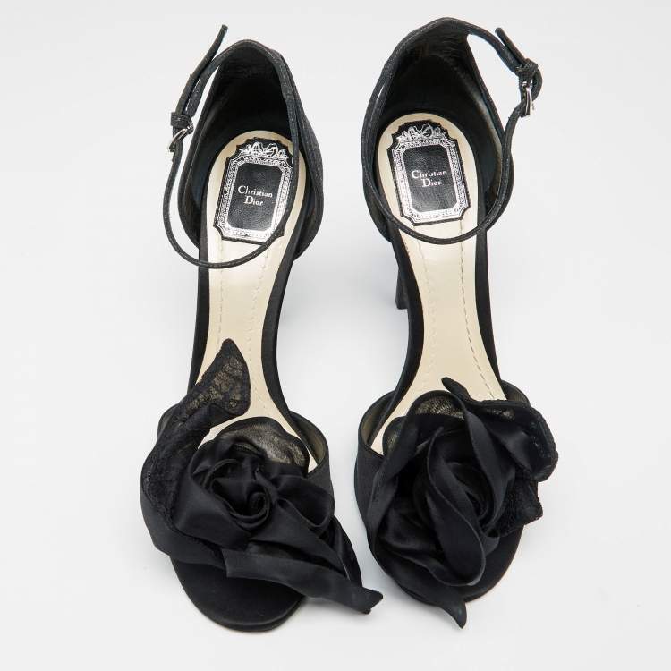 Pre Owned Dior Black Glitter And Satin Flower Detail Ankle Strap Sandals Size 40