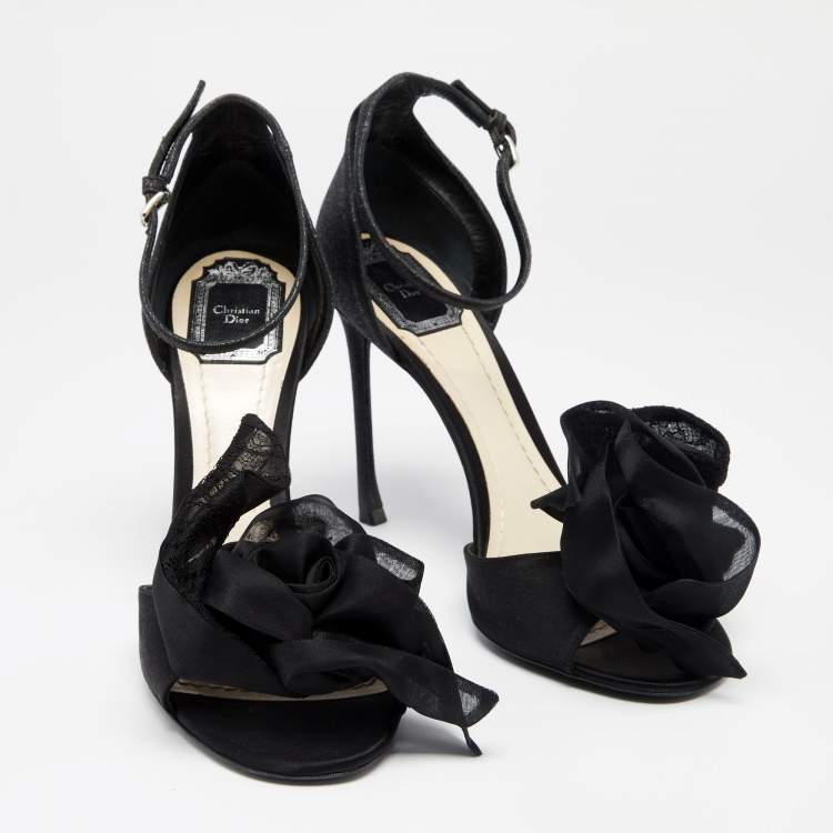 Pre Owned Dior Black Glitter And Satin Flower Detail Ankle Strap Sandals Size 40