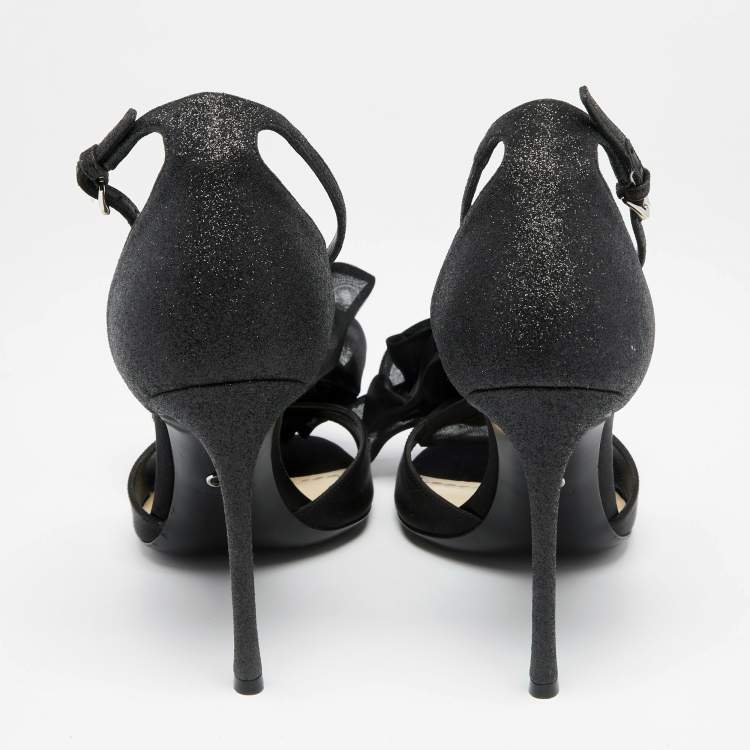 Pre Owned Dior Black Glitter And Satin Flower Detail Ankle Strap Sandals Size 40