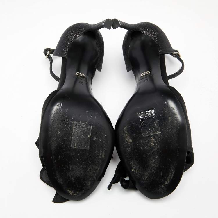 Pre Owned Dior Black Glitter And Satin Flower Detail Ankle Strap Sandals Size 40
