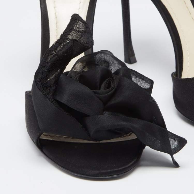 Pre Owned Dior Black Glitter And Satin Flower Detail Ankle Strap Sandals Size 40