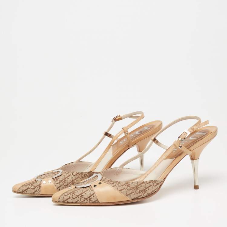 مملوكة مسبقًا Dior Beige/Brown Canvas And Leather Slingback  Sandals Size 38