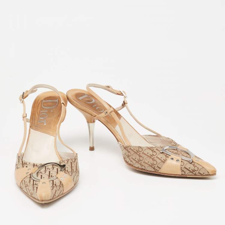 مملوكة مسبقًا Dior Beige/Brown Canvas And Leather Slingback  Sandals Size 38