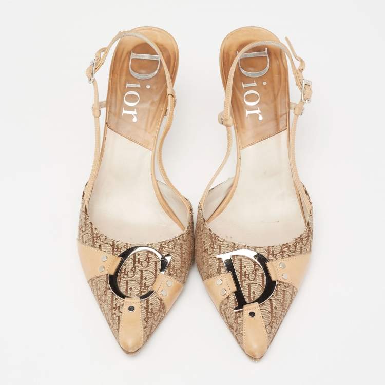 مملوكة مسبقًا Dior Beige/Brown Canvas And Leather Slingback  Sandals Size 38
