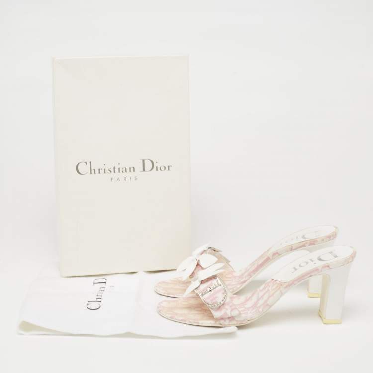 Pre Owned Dior Pink/White Monogram Canvas And Leather Crystal Embellished Open Toe Slides Sandals Size 38 