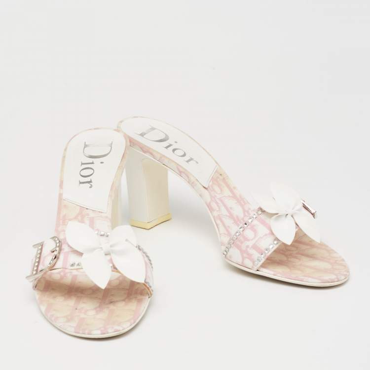Pre Owned Dior Pink/White Monogram Canvas And Leather Crystal Embellished Open Toe Slides Sandals Size 38 