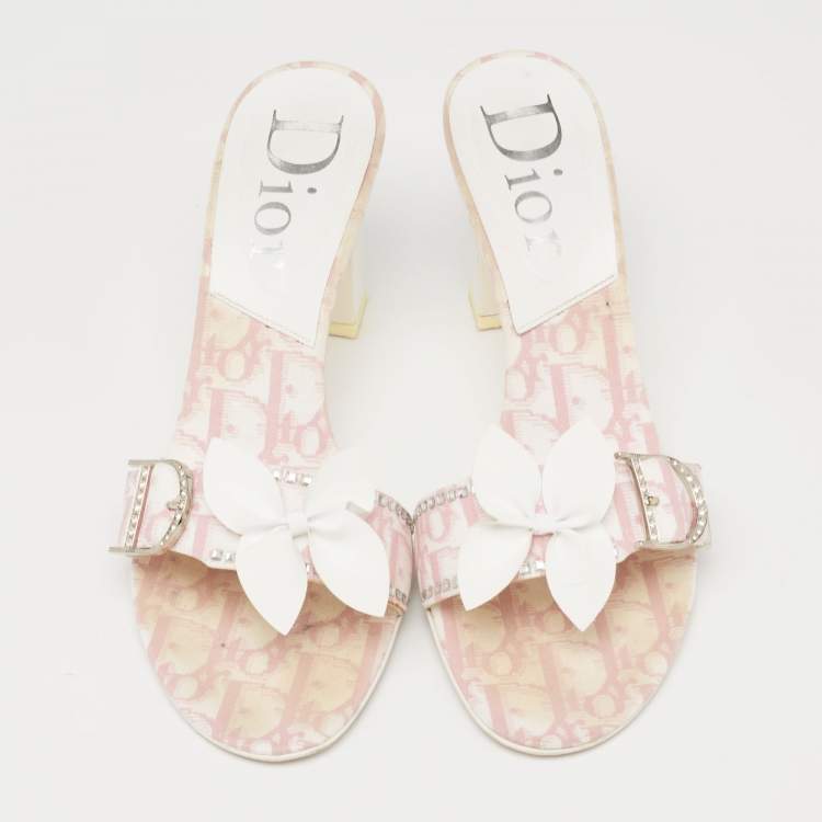Pre Owned Dior Pink/White Monogram Canvas And Leather Crystal Embellished Open Toe Slides Sandals Size 38 