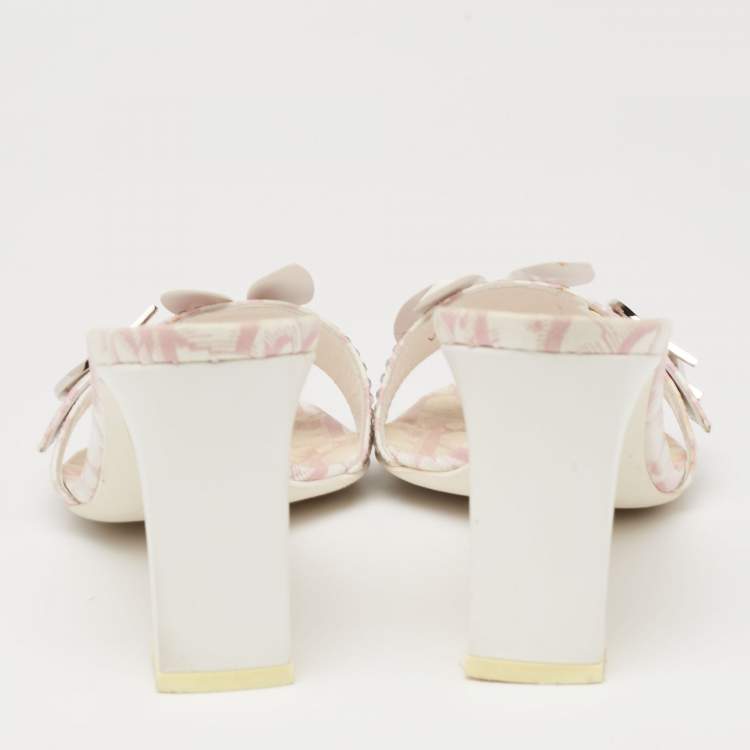 Pre Owned Dior Pink/White Monogram Canvas And Leather Crystal Embellished Open Toe Slides Sandals Size 38 