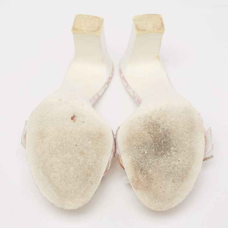 Pre Owned Dior Pink/White Monogram Canvas And Leather Crystal Embellished Open Toe Slides Sandals Size 38 