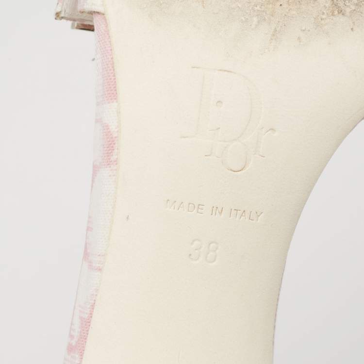 Pre Owned Dior Pink/White Monogram Canvas And Leather Crystal Embellished Open Toe Slides Sandals Size 38 