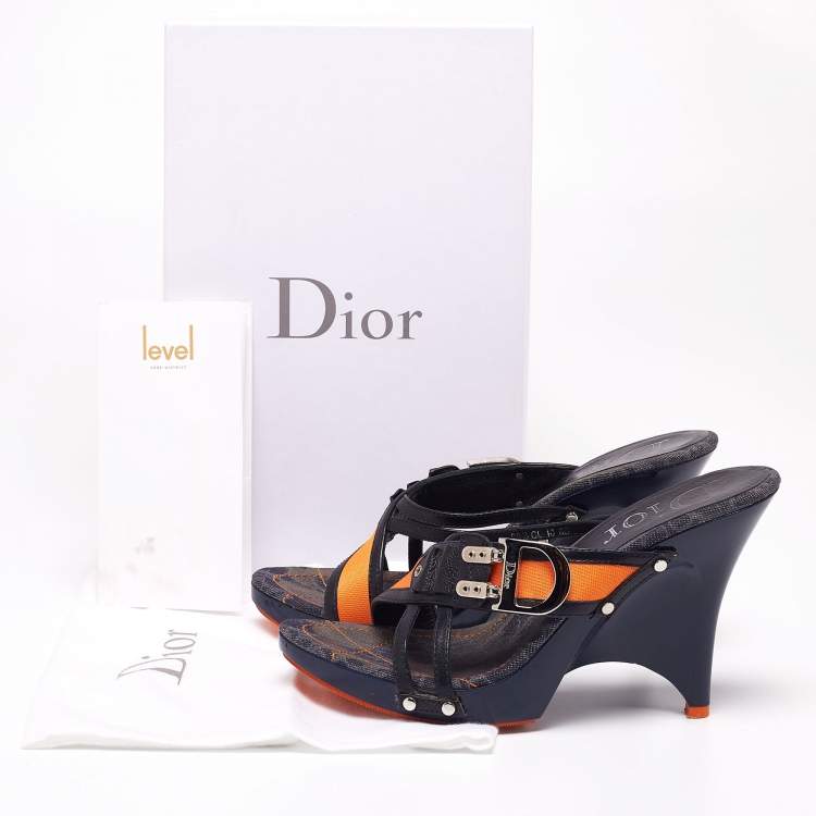 Pre Owned Dior Navy Blue/Orange Leather and Canvas Slide Sandals Size 39.5