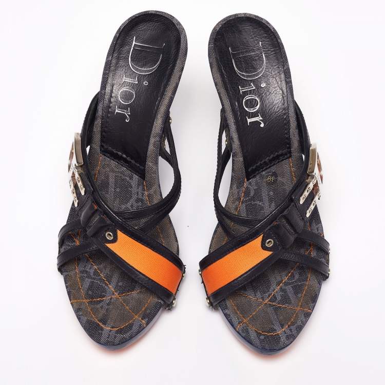 Pre Owned Dior Navy Blue/Orange Leather and Canvas Slide Sandals Size 39.5