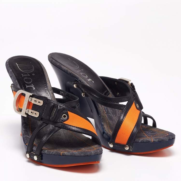 Pre Owned Dior Navy Blue/Orange Leather and Canvas Slide Sandals Size 39.5