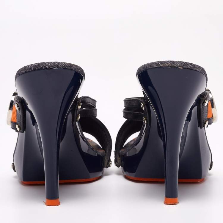 Pre Owned Dior Navy Blue/Orange Leather and Canvas Slide Sandals Size 39.5