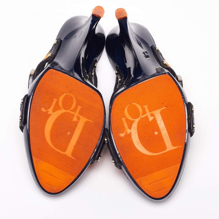 Pre Owned Dior Navy Blue/Orange Leather and Canvas Slide Sandals Size 39.5