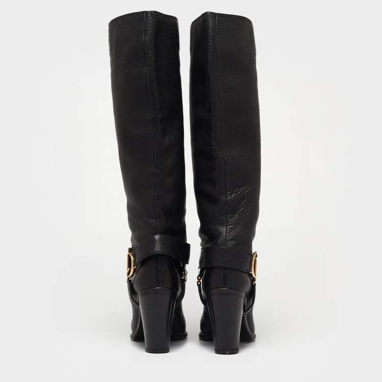Pre Owned Dior Black Leather CD Buckle Calf Length Boots Size 38